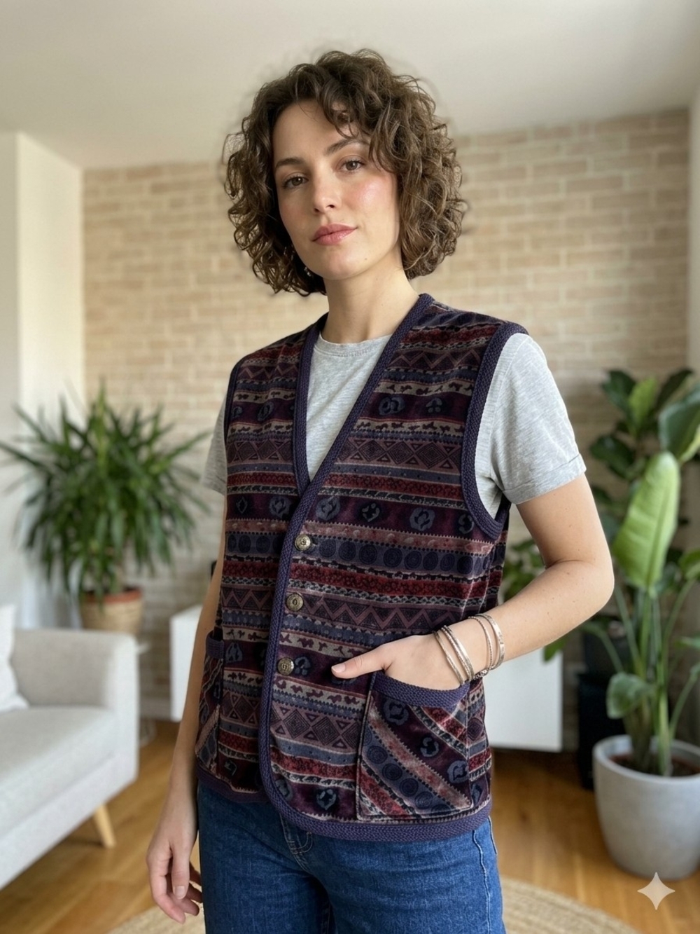Vintage 90s Velvet Button-up Vest Whimsigoth Light Academia Tribal Print M